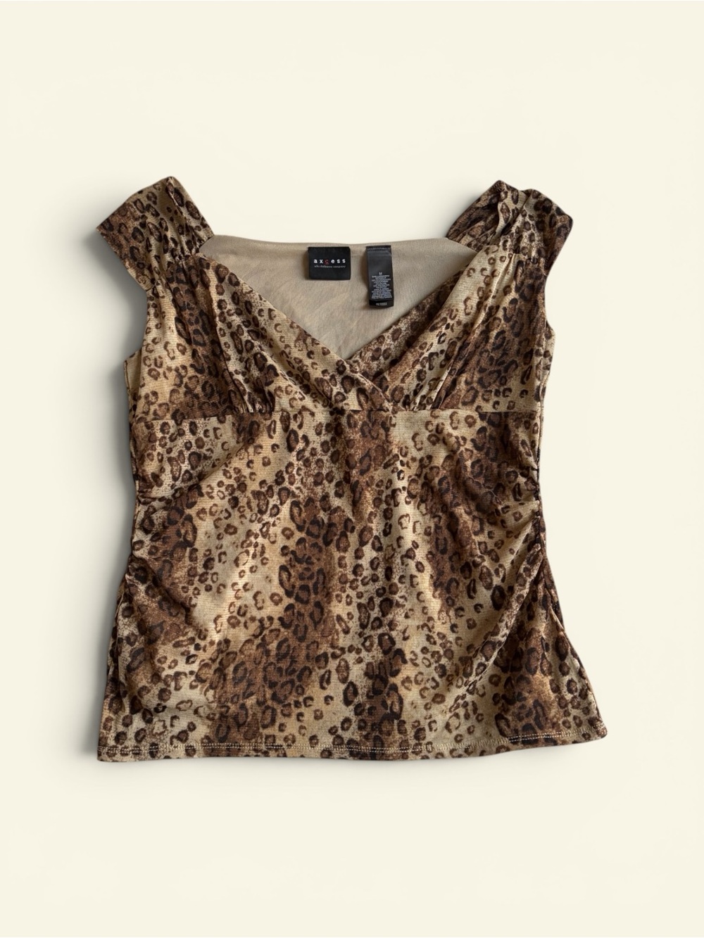 Vintage Y2K Axcess Brown Leopard Print Mesh Top Surplice V-Neck Ruched Medium